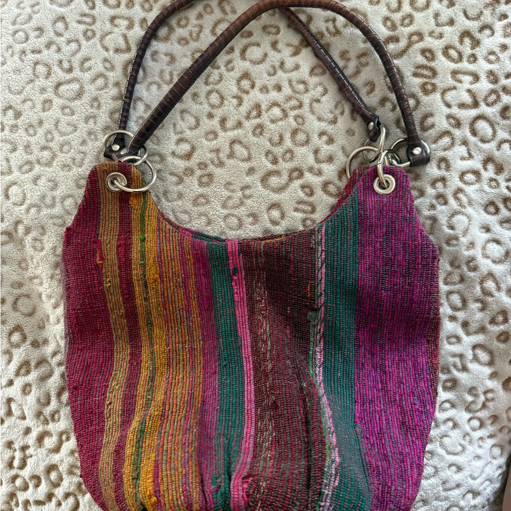 Multicolor Striped Boho Shoulder Bag with Plaid Interior
